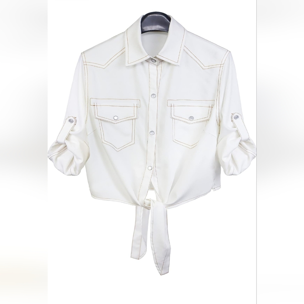 Women's 3/4 Sleeve Denim Crop Top Tie Knot Shirt Cardigan